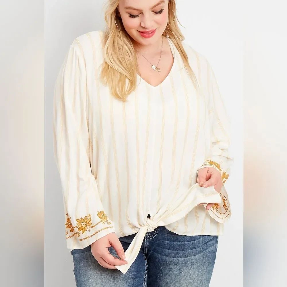Maurices Cream and Gold Striped V-Neck Top with Embroidered Cuffs Size M